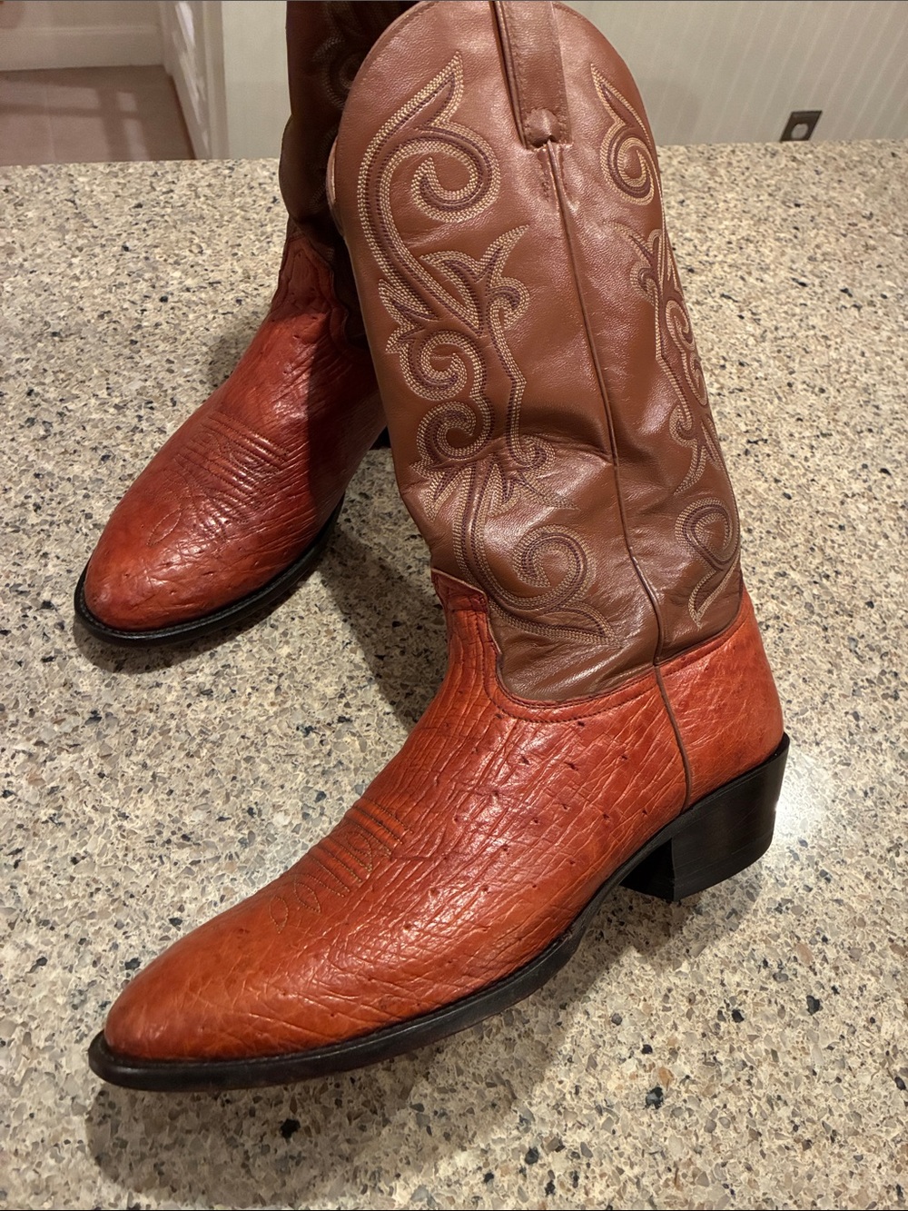 Men’s 12B Nacona Ostrich Two-Tone Western Cowboy Boots - Brown and Rust
